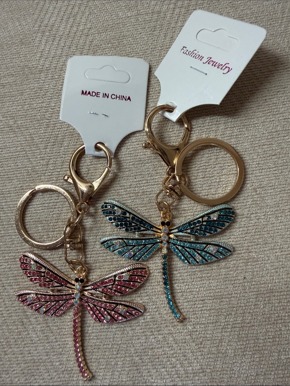 Source Unknown Gold Dragonfly Key Holders with Pink and Teal Crystals